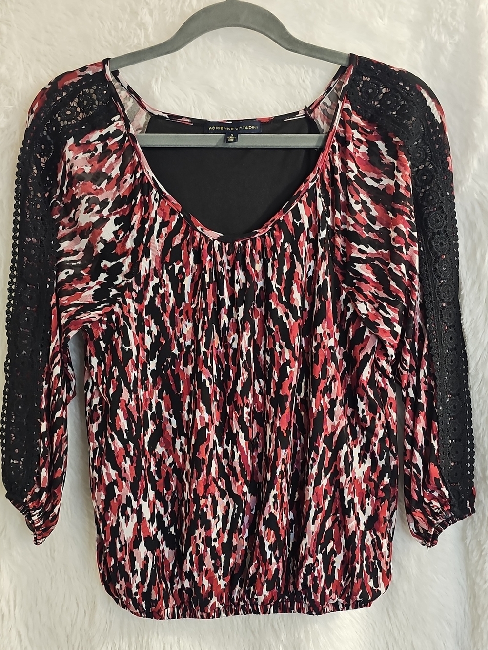 Adrienne Vittadini Red, Black & White Printed Top with Lace Sleeves